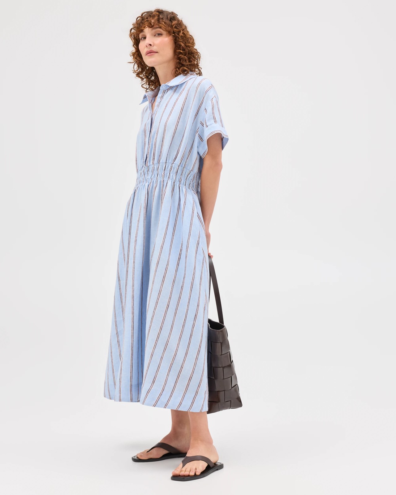European Linen Shirred Waist Midi Dress - Blue / Stripe 5 of 5