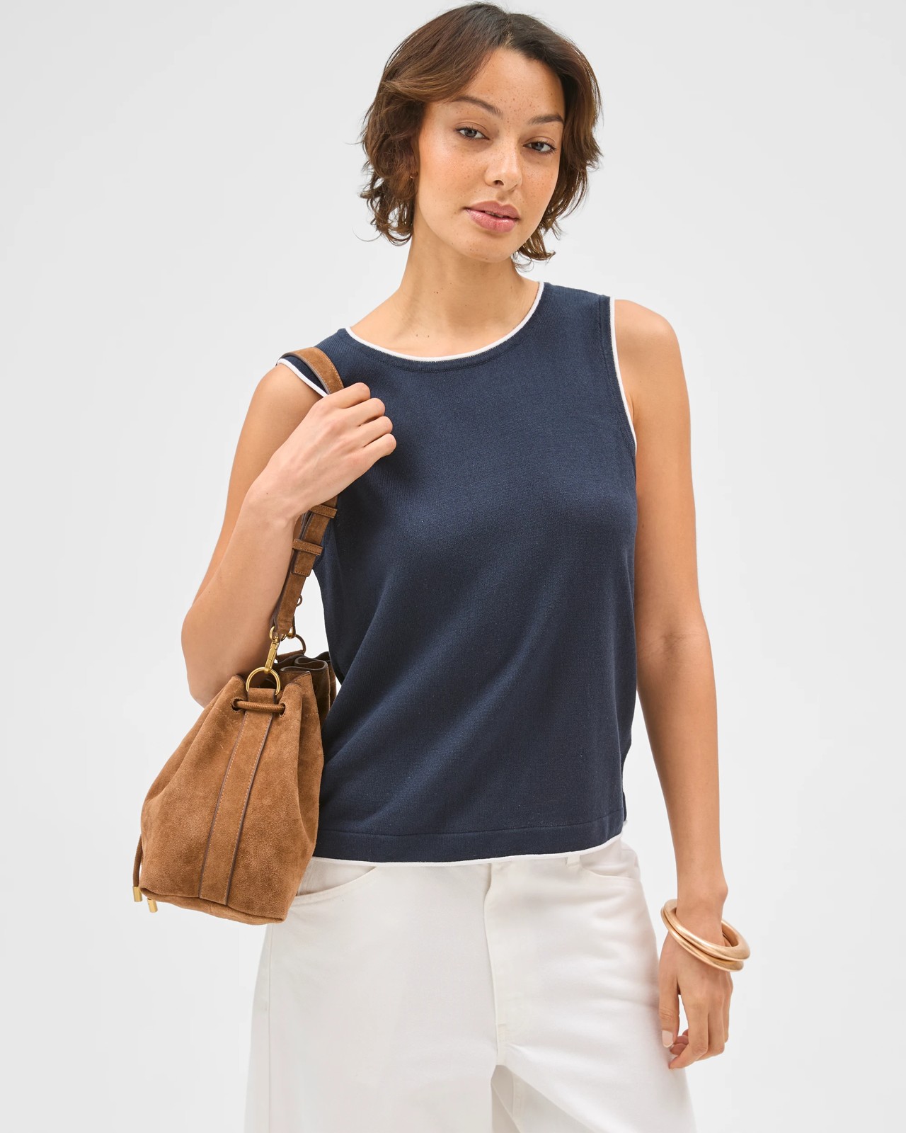 Contrast Trim Knit Tank Top -  Navy + White 3 of 5
