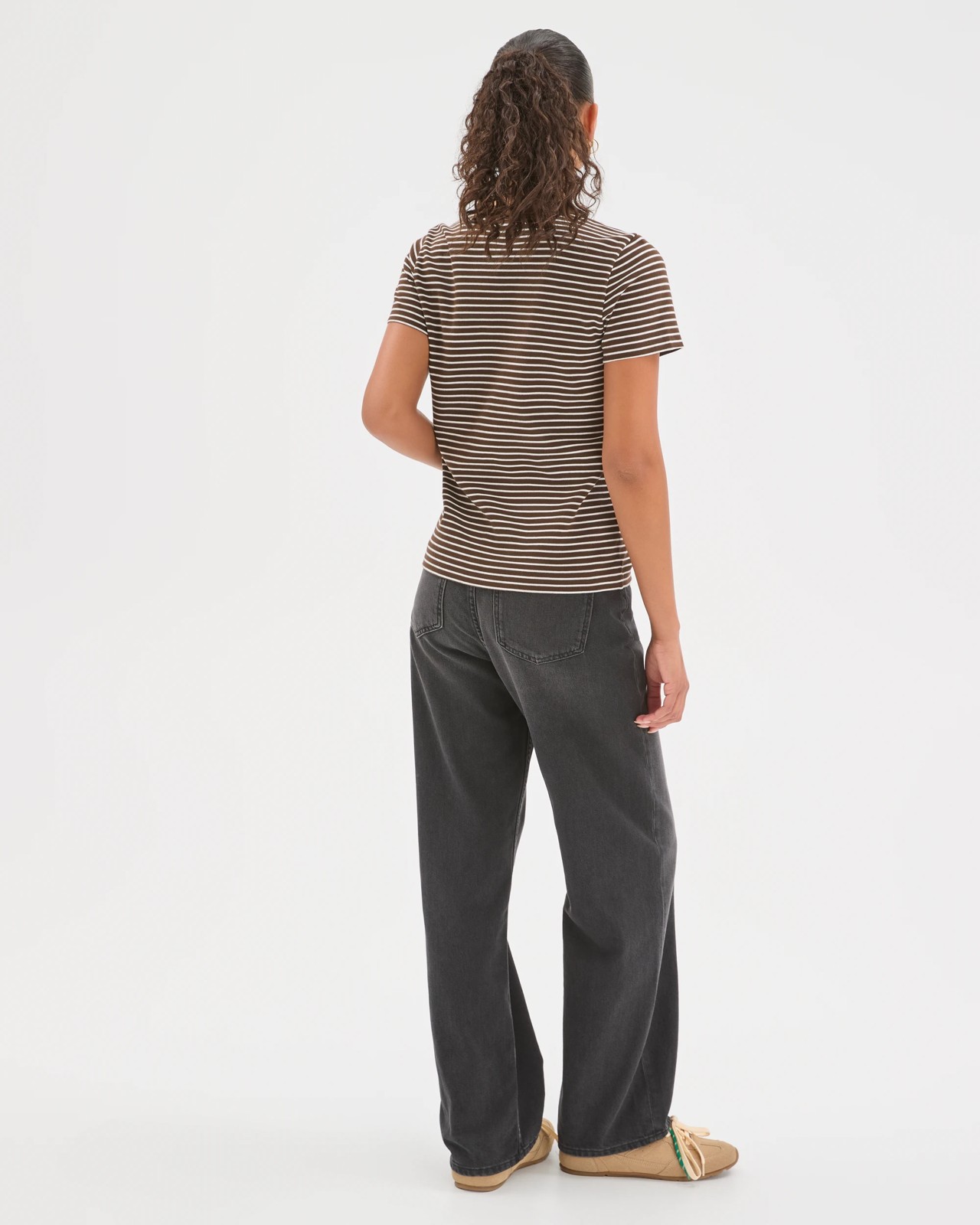 Australian Cotton Interlock Neat T-Shirt - Coffee Bean/Cloud Dancer Stripe 6 of 6