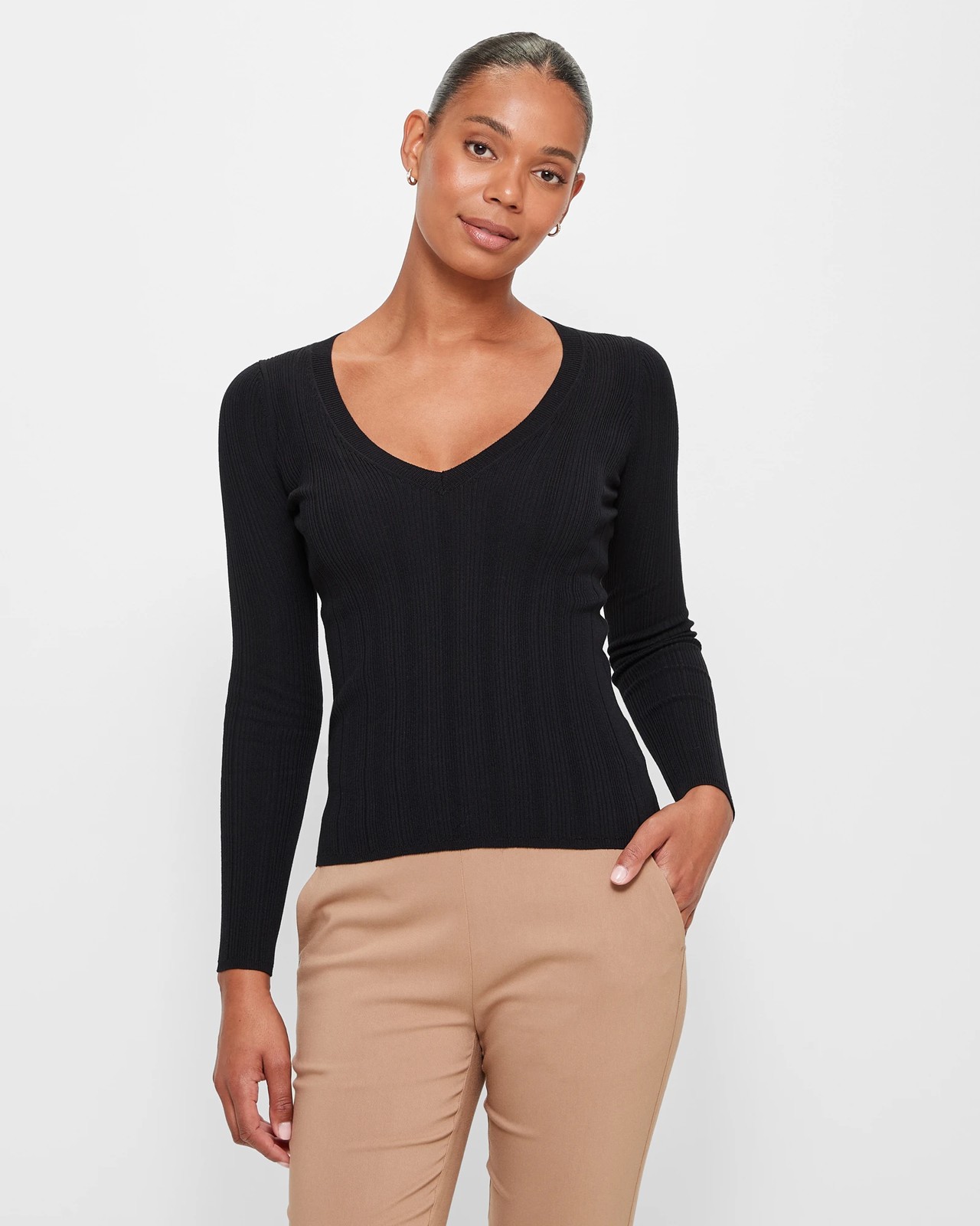 Curves Black Fine Knit Long V Neck Top