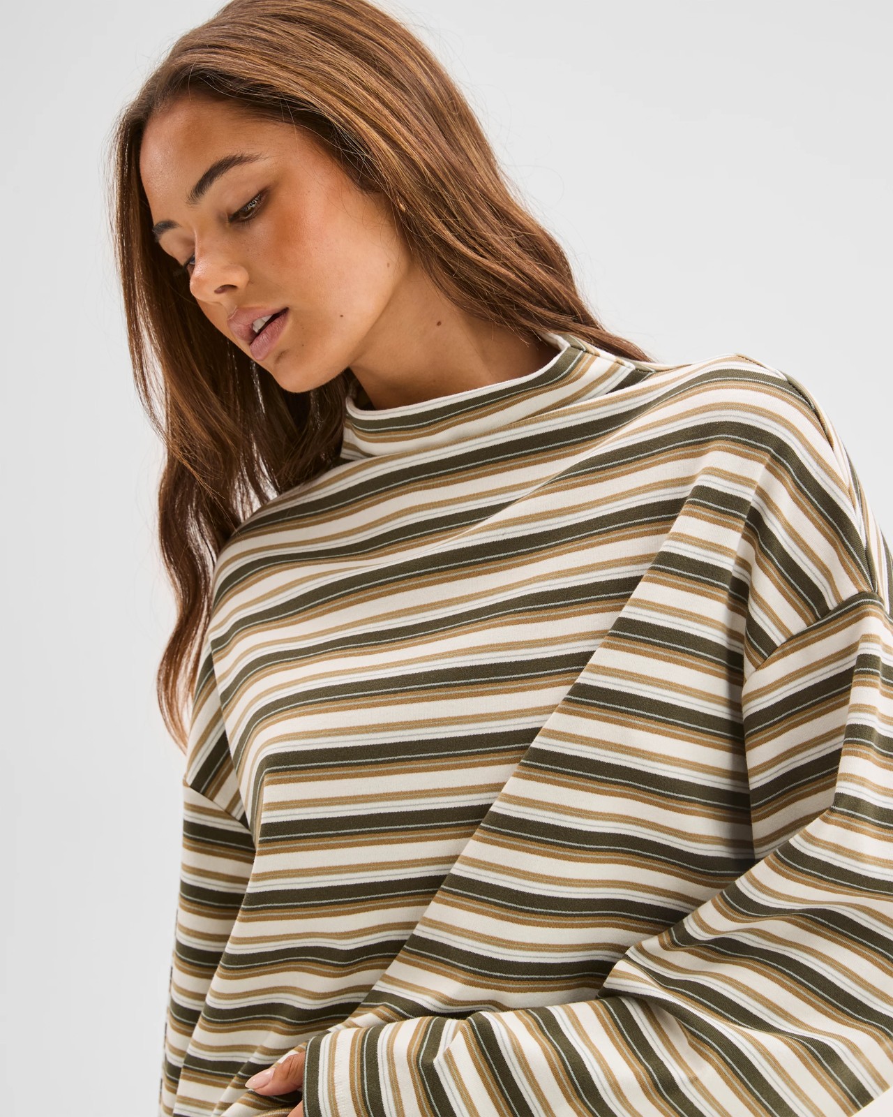Lily Loves Australian Cotton High Neck Long Sleeve T-Shirt  - Green Stripe 4 of 6