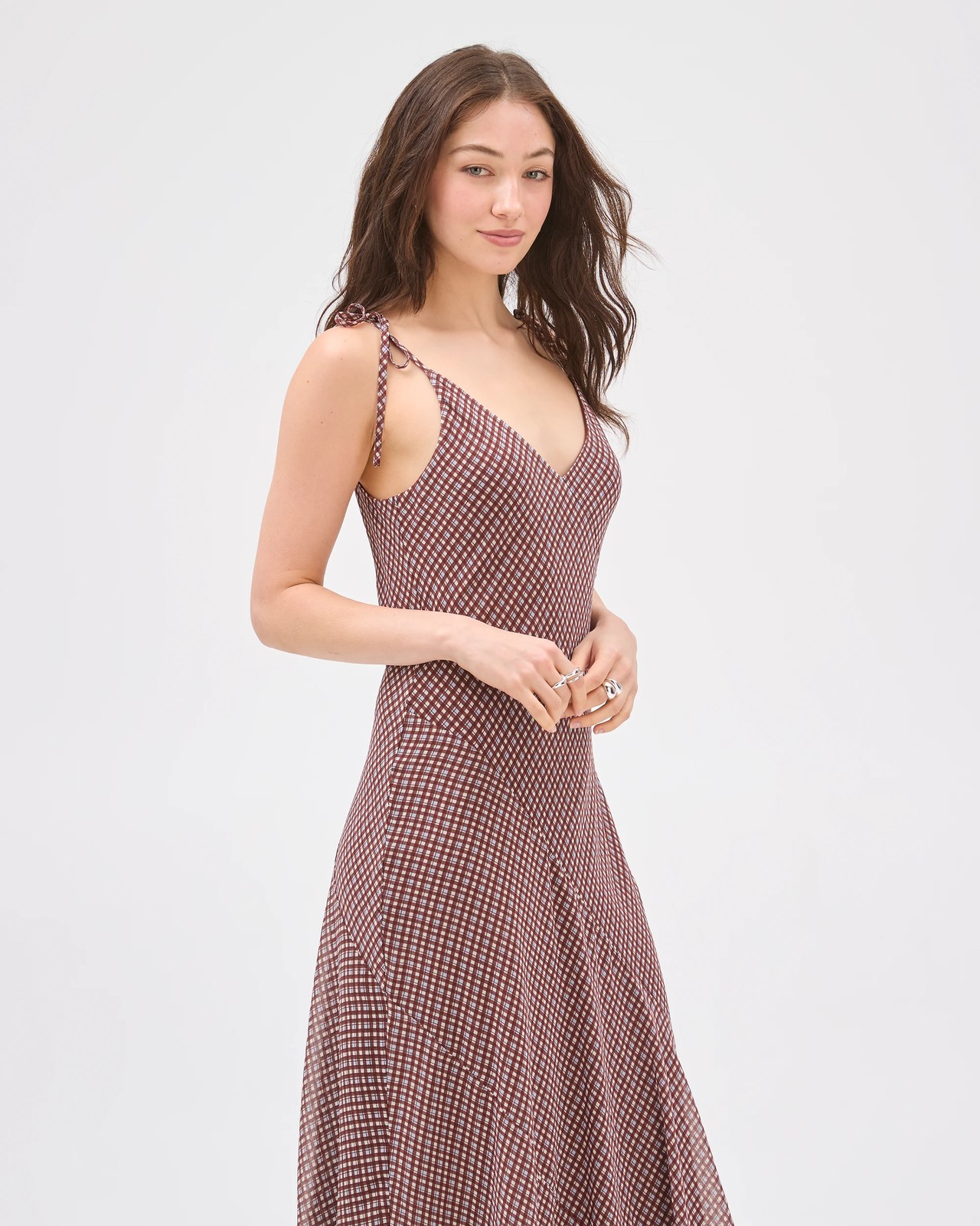 Lily Loves Bias Spliced Midi Dress - Check Brown 3 of 5