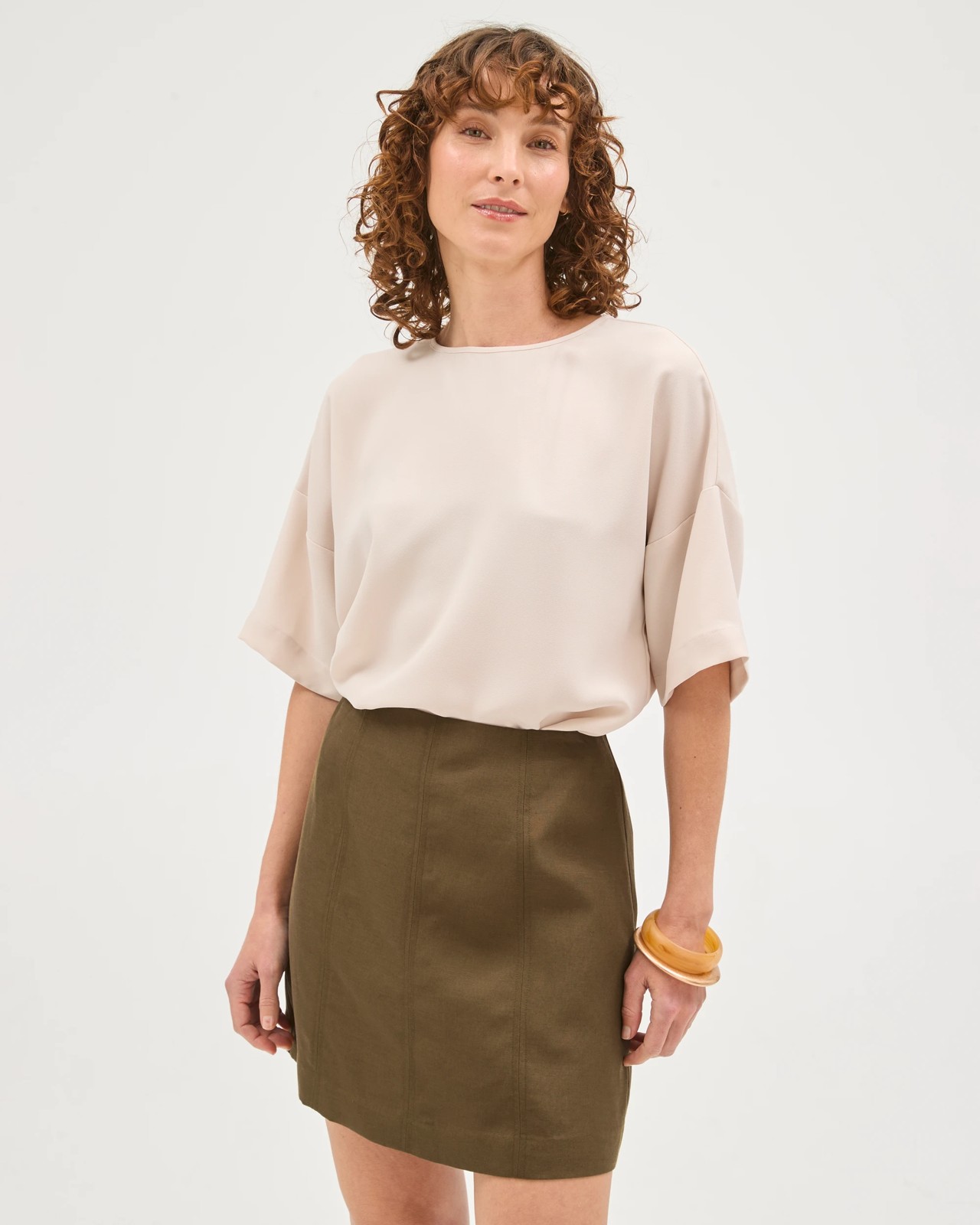 Preview Grace European Linen Blend A-Line Mini Skirt - Khaki Olive 2 of 5