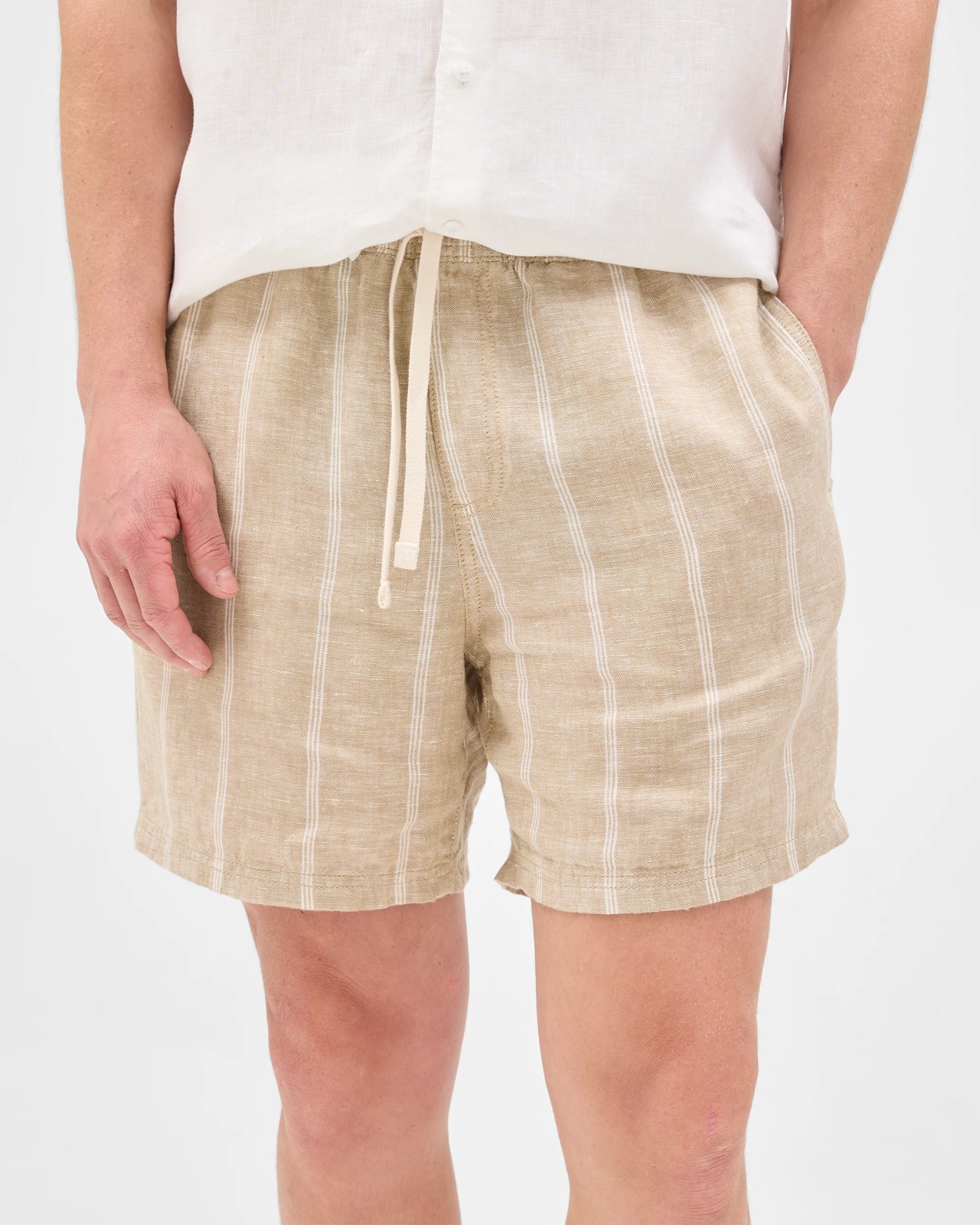 European Linen Elastic Waist Striped Shorts - Stone 6 of 6