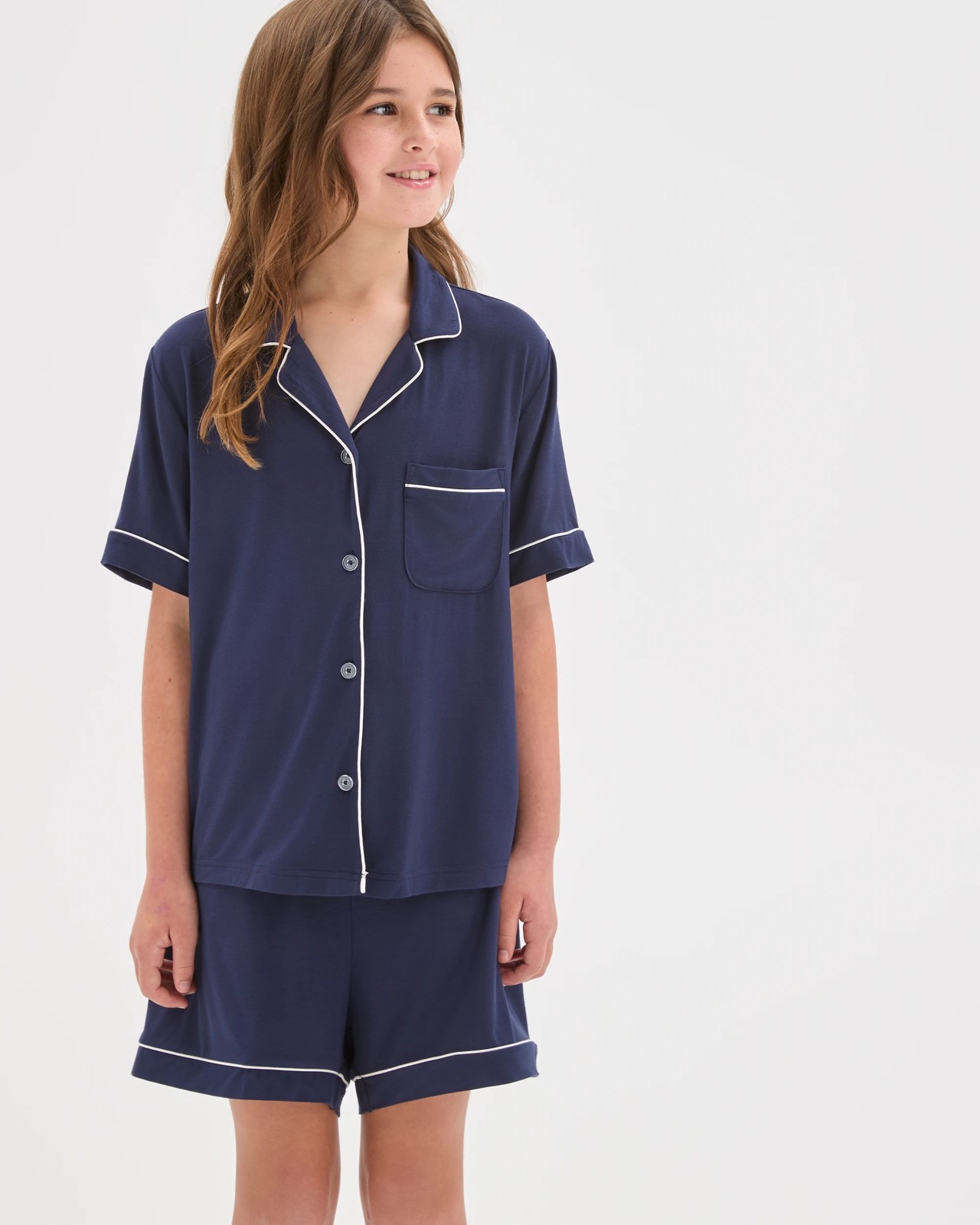 Bamboo Older Girls Button Through Pyjama Set - Navy 2 of 6