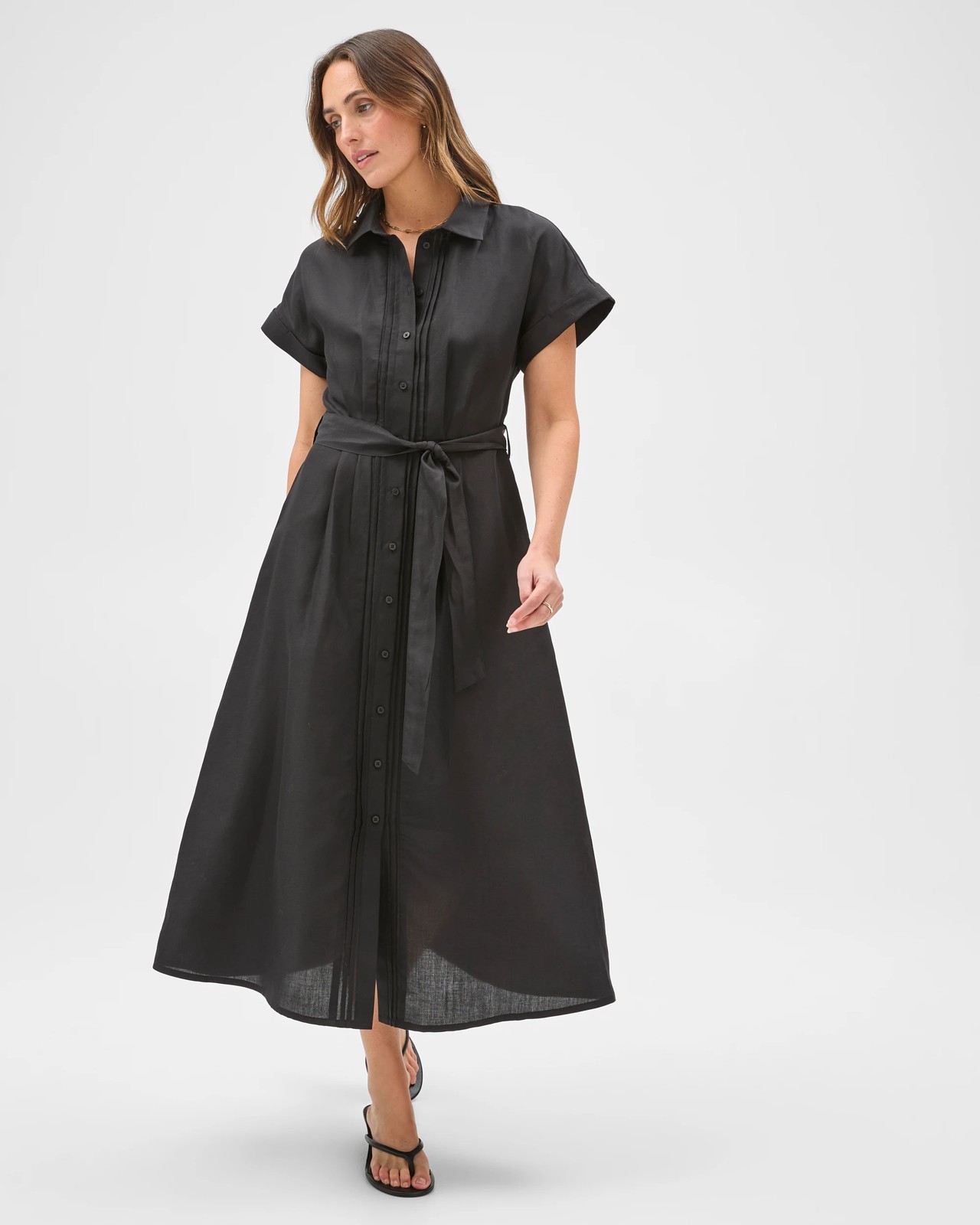 Preview Short Sleeve Pintuck Midi Shirt Dress - Black 2 of 5