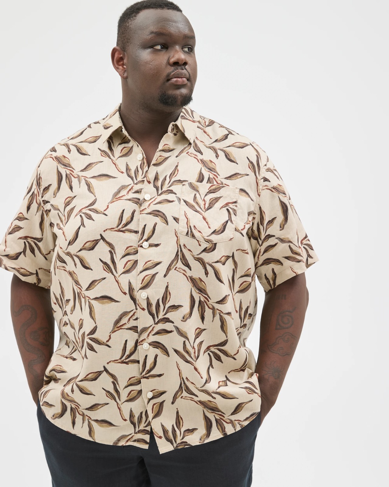 Plus Size European Linen Short Sleeve Print Shirt - Stone 4 of 5
