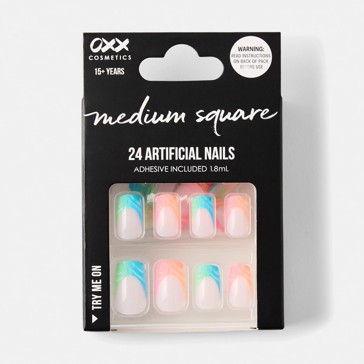 24 Pack Artificial Nails with Adhesive, Medium Square Shape, Neon Emboss - OXX Cosmetics
