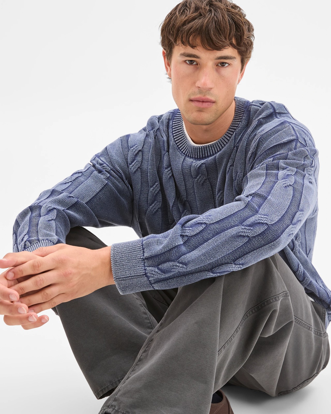 Commons Australian Cotton Cable Knit Washed Crew Jumper - Acid Navy 2 of 6