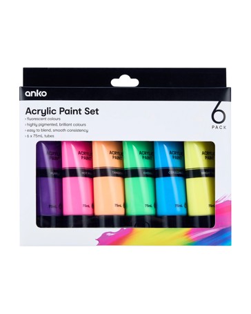 Anko 6 Pack Acrylic Paint Set - Fluorescent