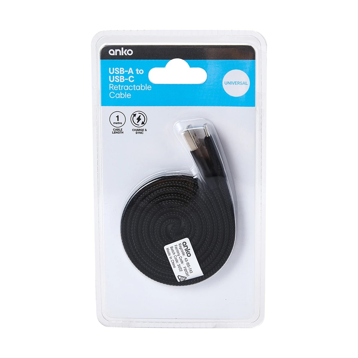 USB-A to USB-C Retractable Universal Cable - 1m