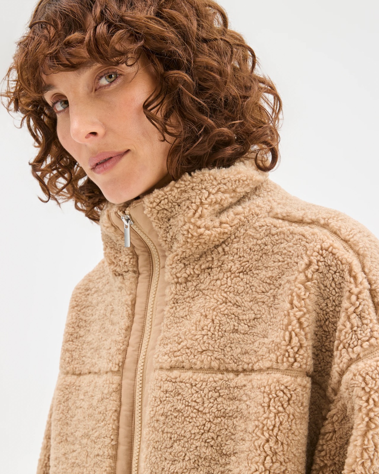 Relaxed Sherpa Zip Through Jacket - Camel 5 of 6