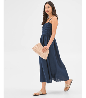 European Linen Shirred Midi Dress