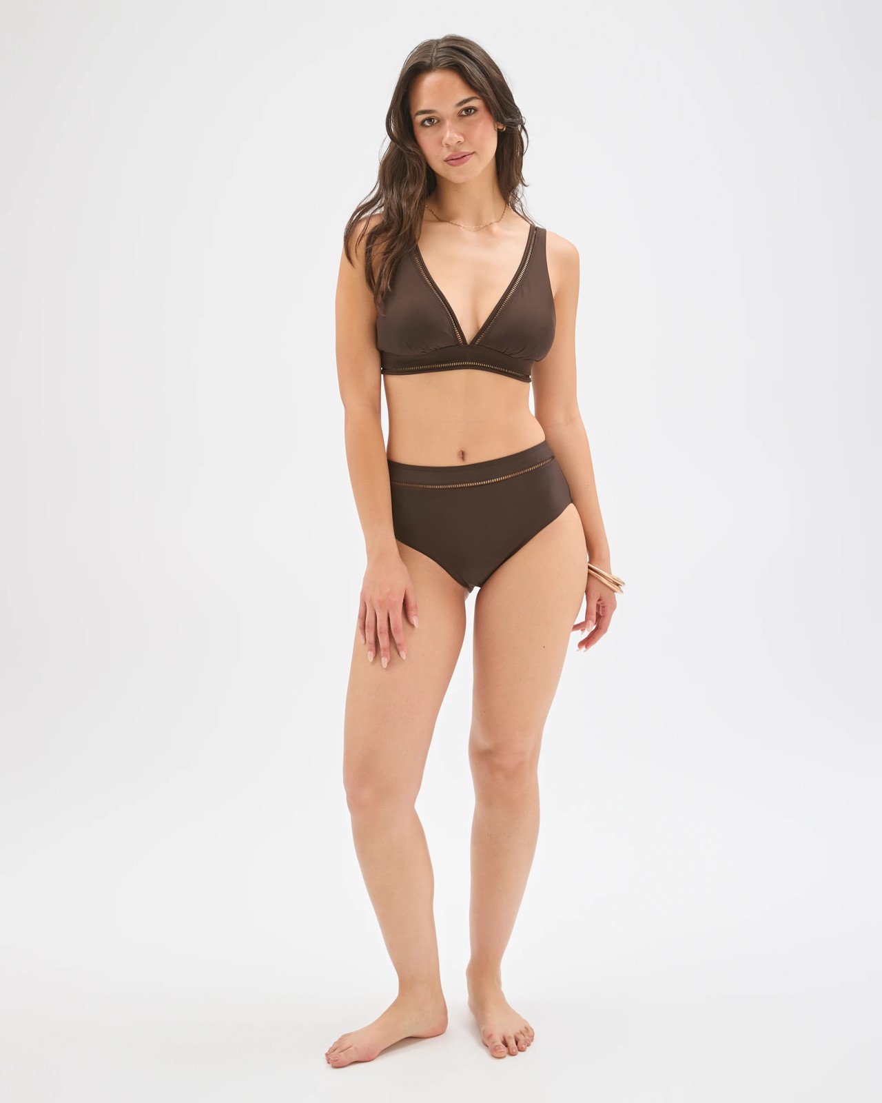 Shape Your Body Resort Ladder Trim V Neck Matte Micro Swim Bikini Top - Cocoa 3 of 5
