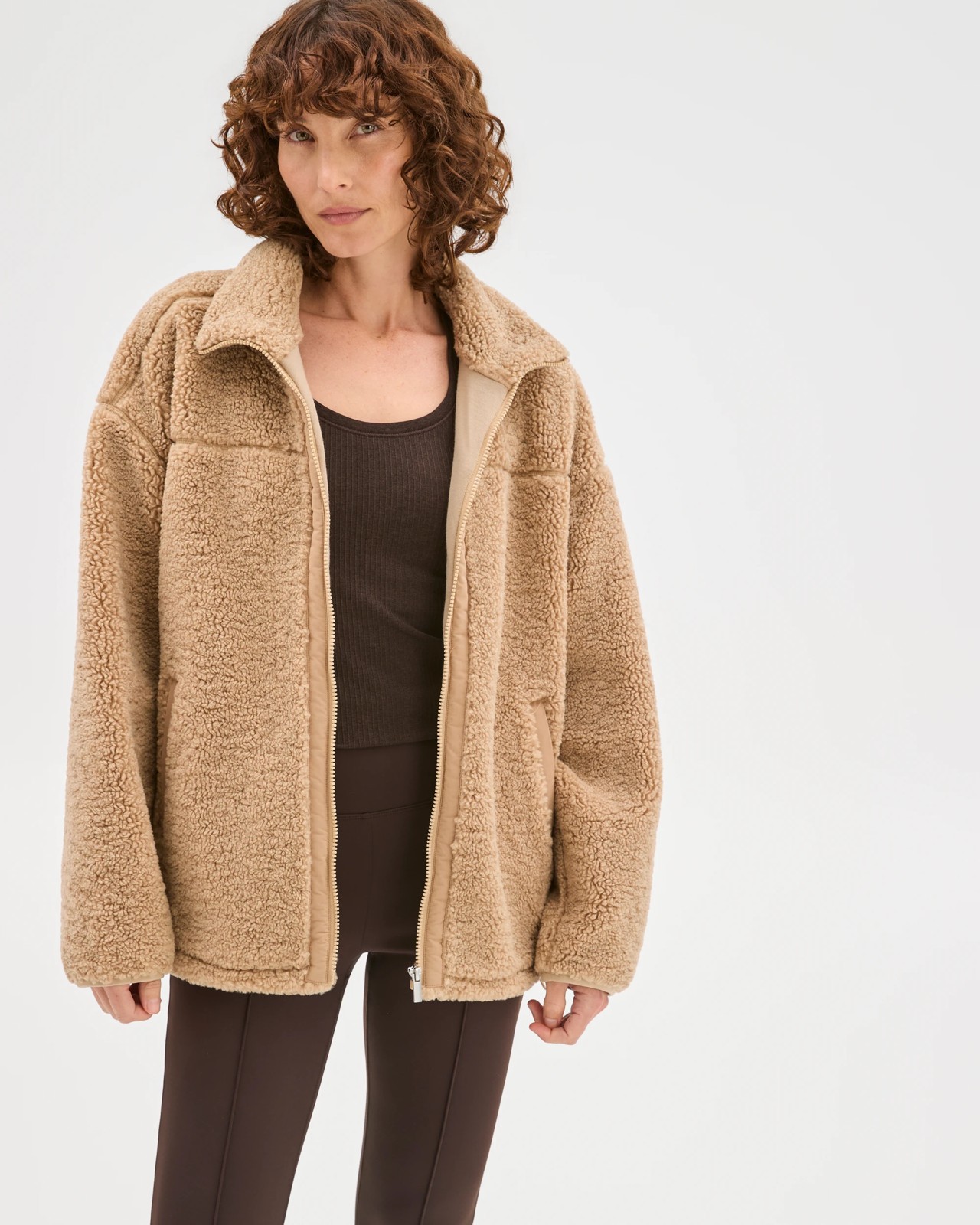 Relaxed Sherpa Zip Through Jacket - Camel 3 of 6