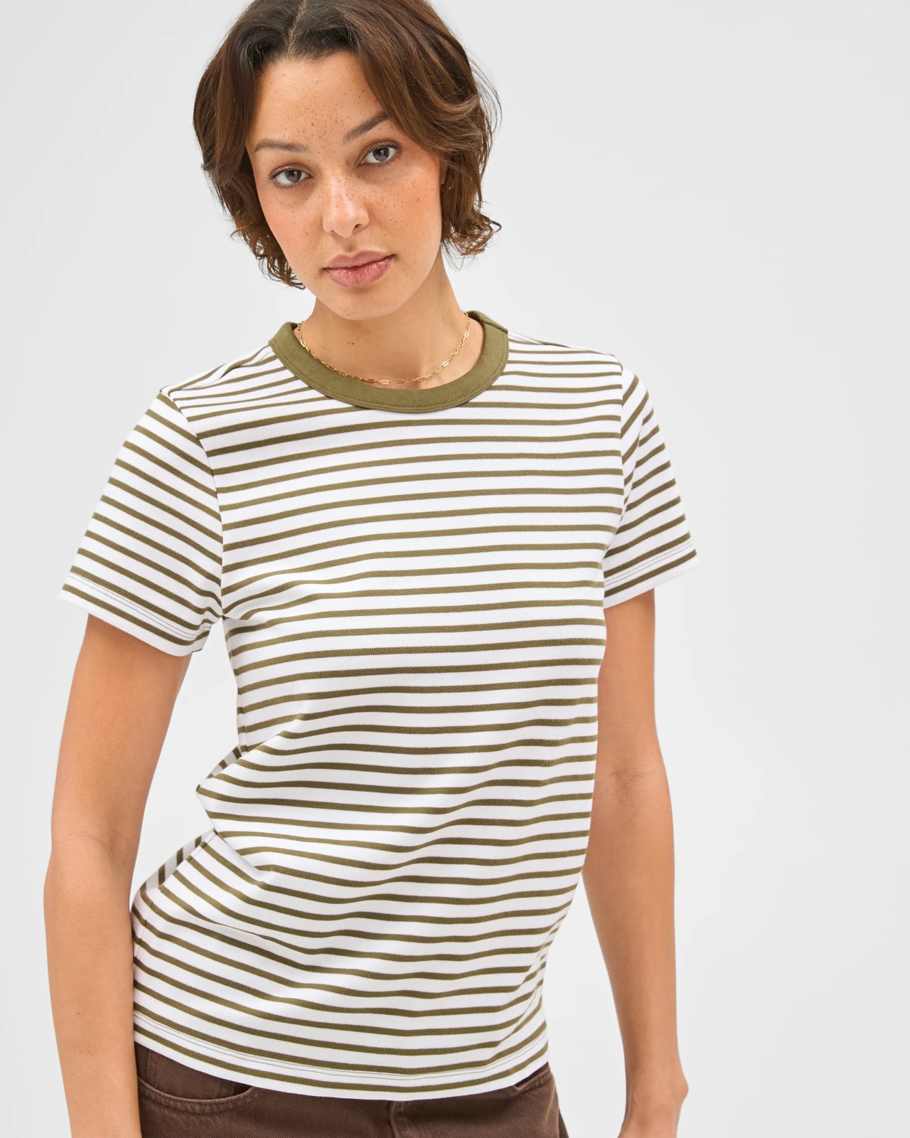 Australian Cotton Interlock Neat T-Shirt - White Deep Moss Stripe 5 of 5