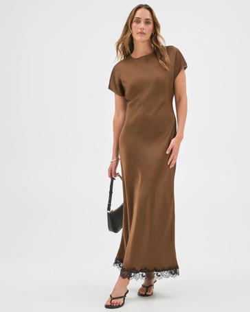 Preview Lace Trim Satin Midi Dress