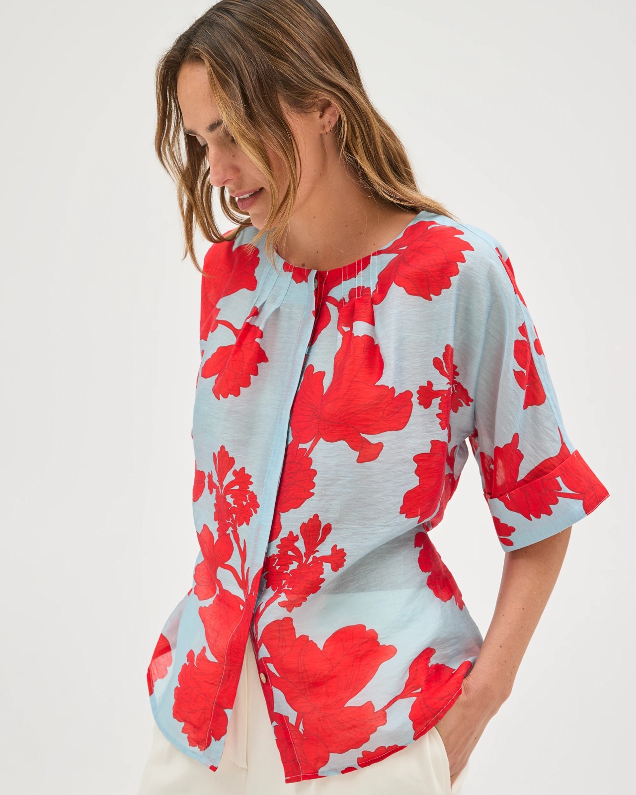 Preview Volume Tie Waist Blouse - Dusty Blue Floral 5 of 5