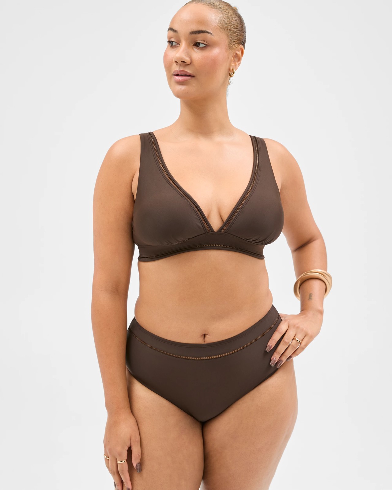 Shape Your Body Resort Ladder Trim High Waisted Matte Micro Swim Bikini Bottoms - Cocoa 3 of 5