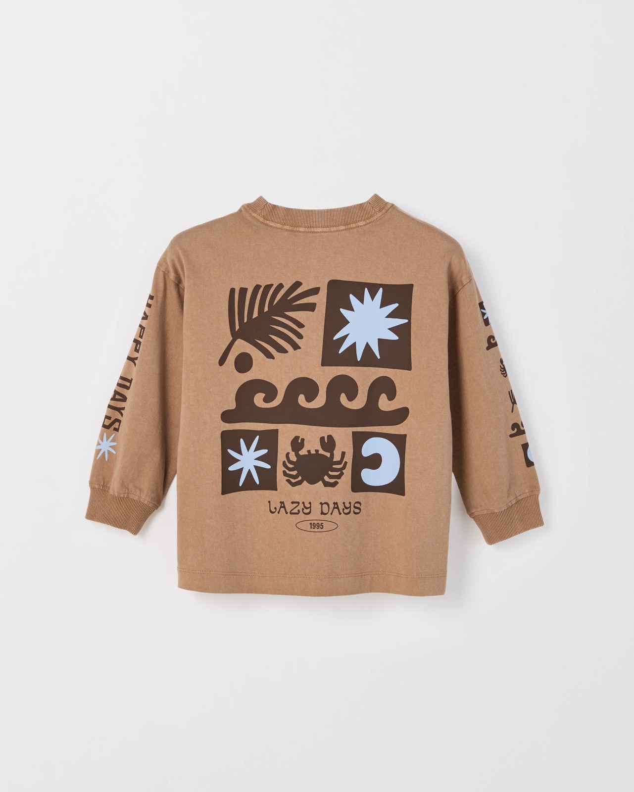 Australian Cotton Long Sleeve Washed Print T-Shirt - Surf Brown 2 of 3