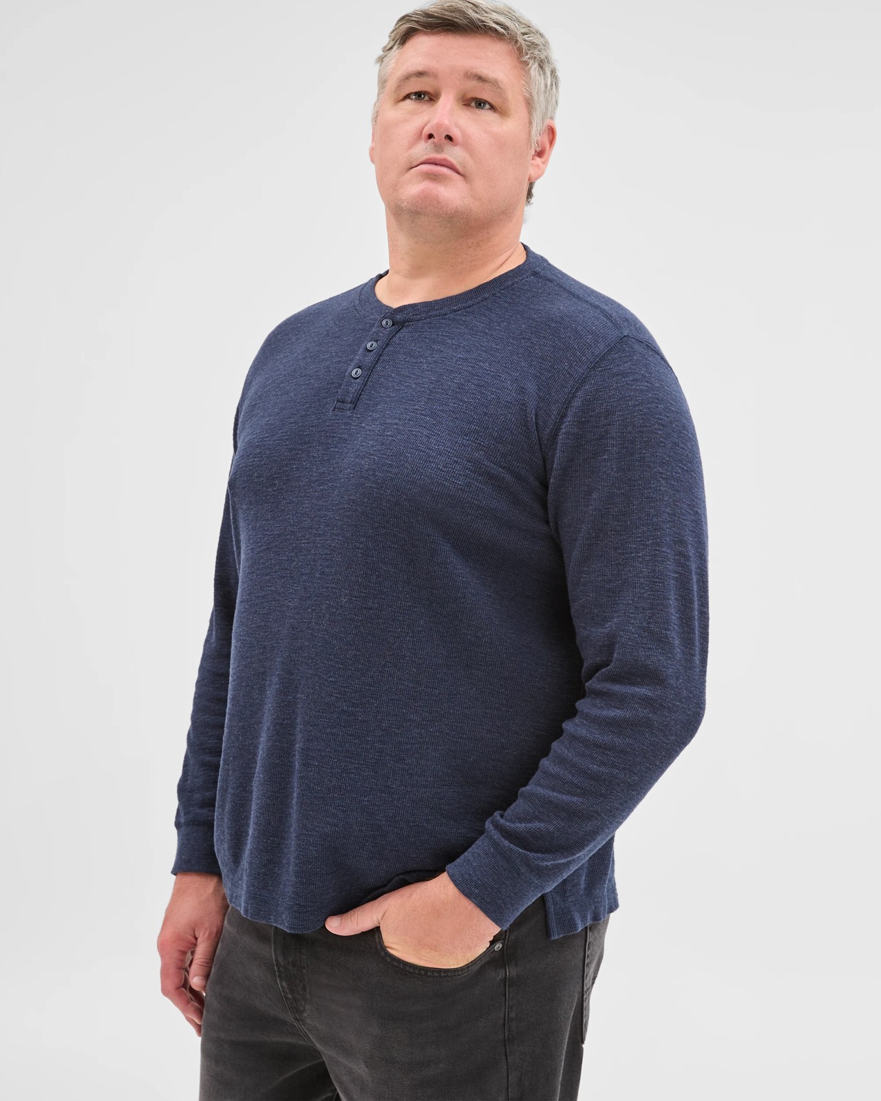 Plus Size Australian Cotton Long Sleeve Waffle Henley T-Shirt - Navy Marle 4 of 6