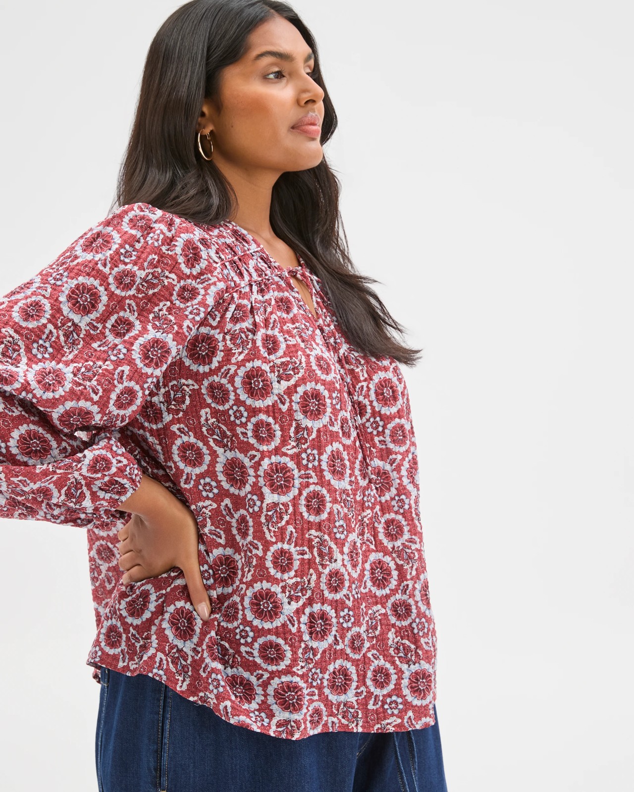 Plus Size Long Sleeve Printed Gather Detail Blouse 2 of 6