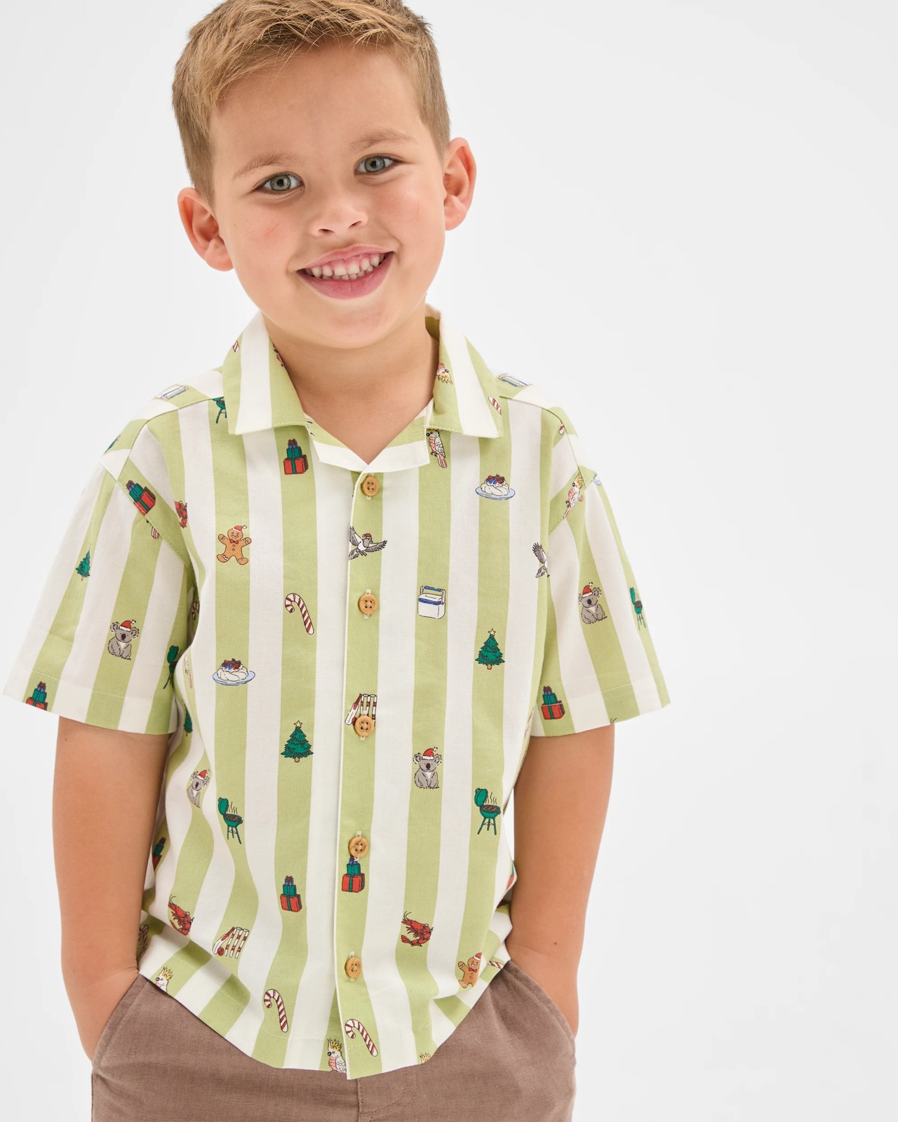 Cotton Short Sleeve Christmas Shirt - Green Stripe 3 of 5