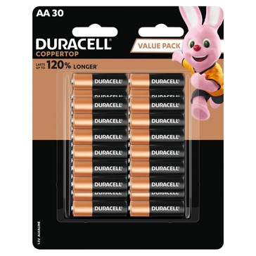 30 Pack Duracell Coppertop 1.5V AA Alkaline Batteries