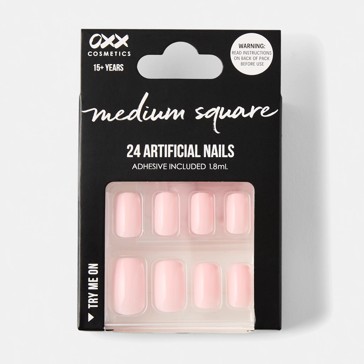 24 Pack Artificial Nails with Adhesive, Medium Square Shape, Nude Pink - OXX Cosmetics