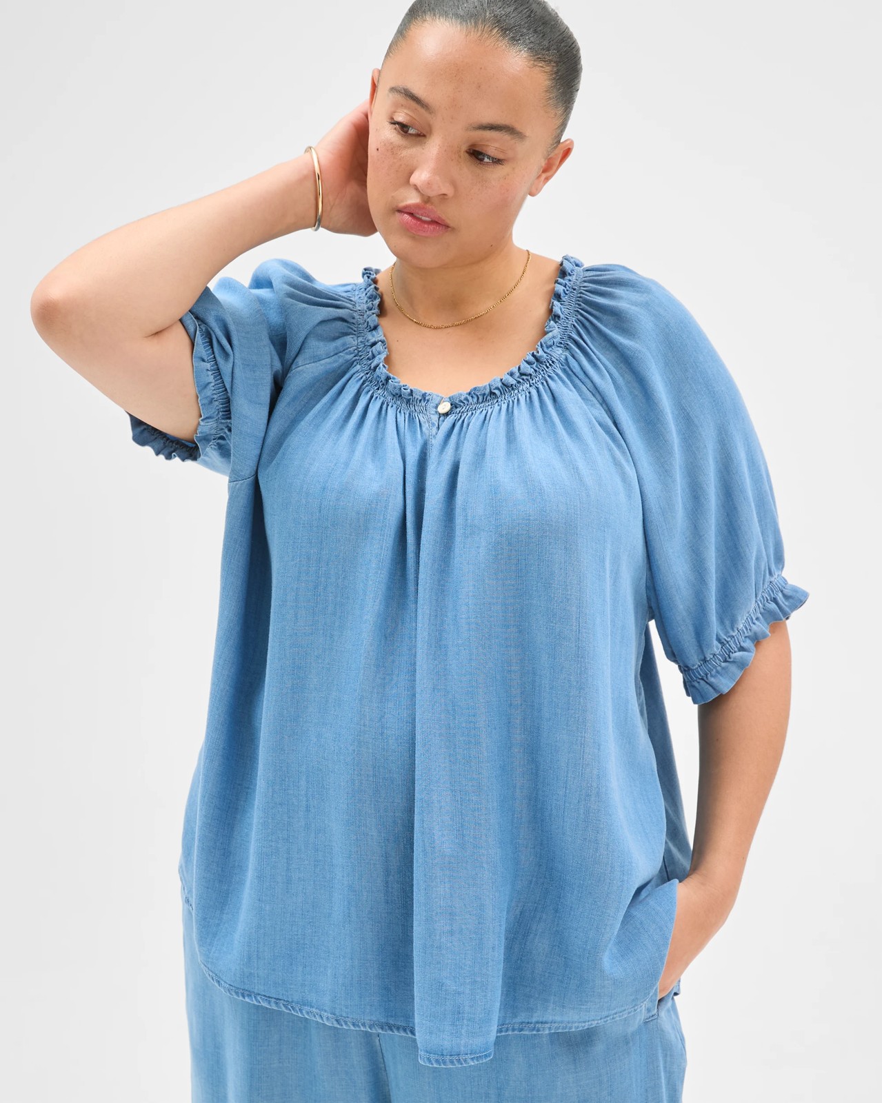 Plus Size Lyocell Short Sleeve Shirred Chambray Blouse 4 of 5