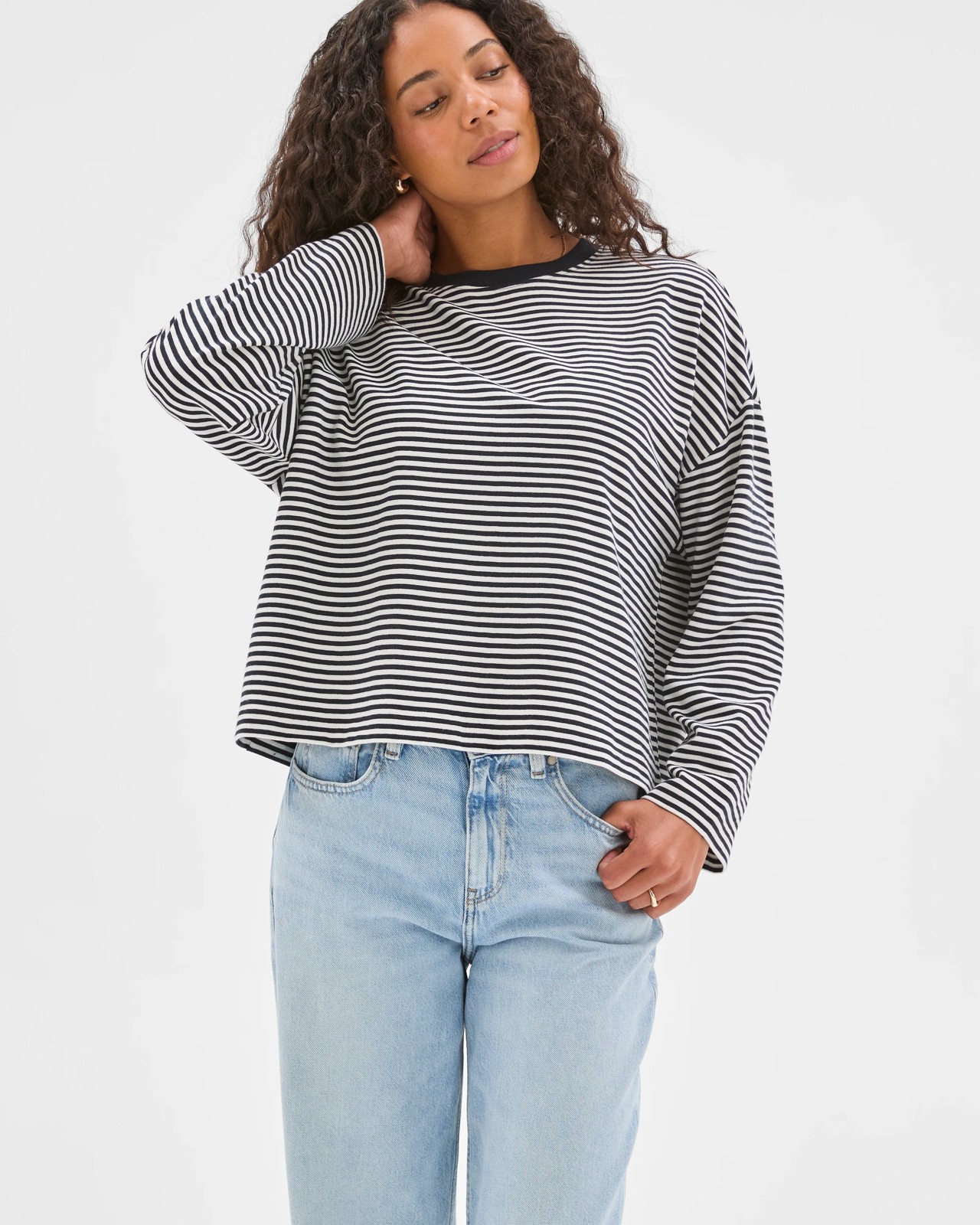 Australian Cotton Long Sleeve Heavyweight Oversized T-Shirt - Black / White Stripe 3 of 5