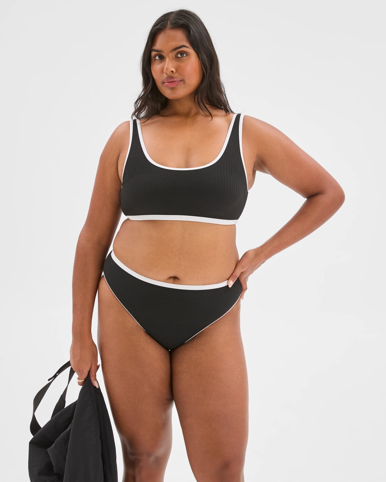 High Waisted High Cut Crinkle Bikini Briefs - Black 2 of 6