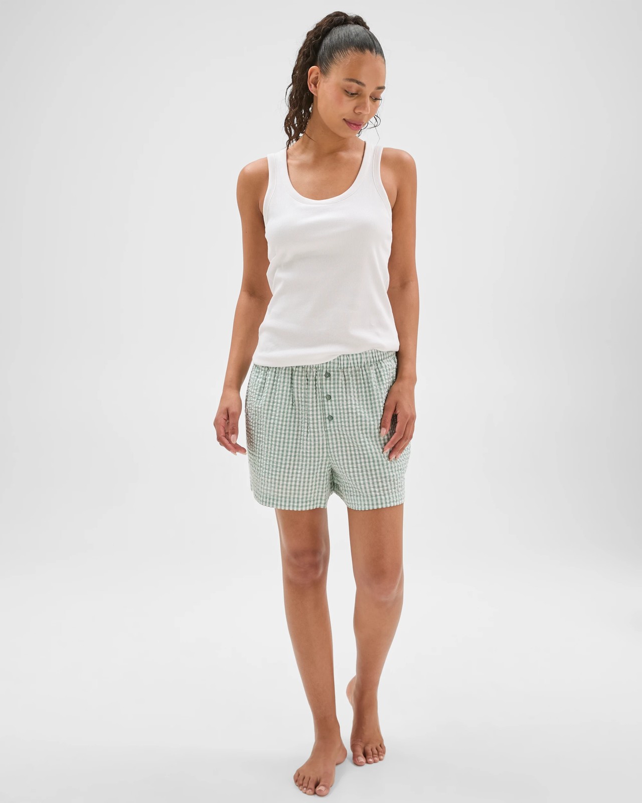 Cotton Seersucker Sleep Boxer Shorts - Green Gingham 2 of 5