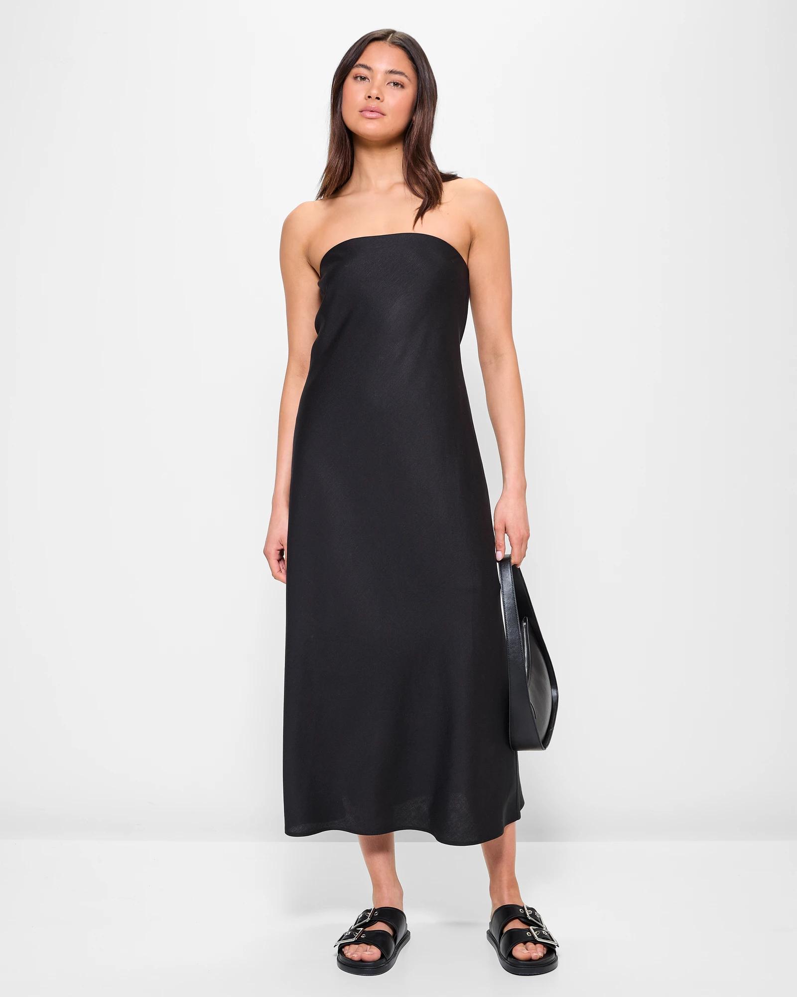 target black strapless dress Linen Blend Strapless Midi Dress - Lily Loves