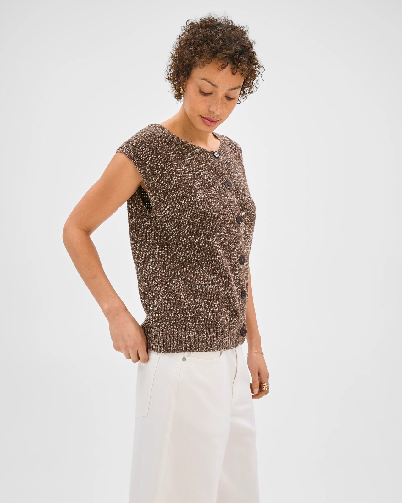 Australian Cotton Button Through Twist Knitted Vest - Coffee 6 of 6