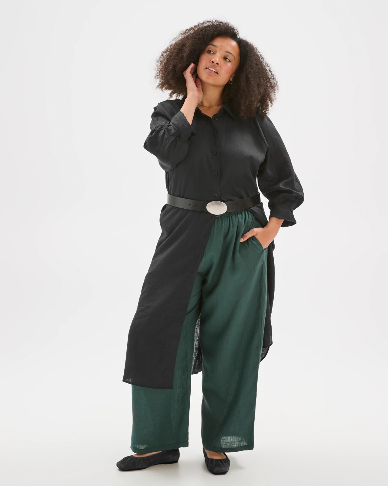 Plus Size European Linen Long Sleeve Maxi Shirt Dress 2 of 5