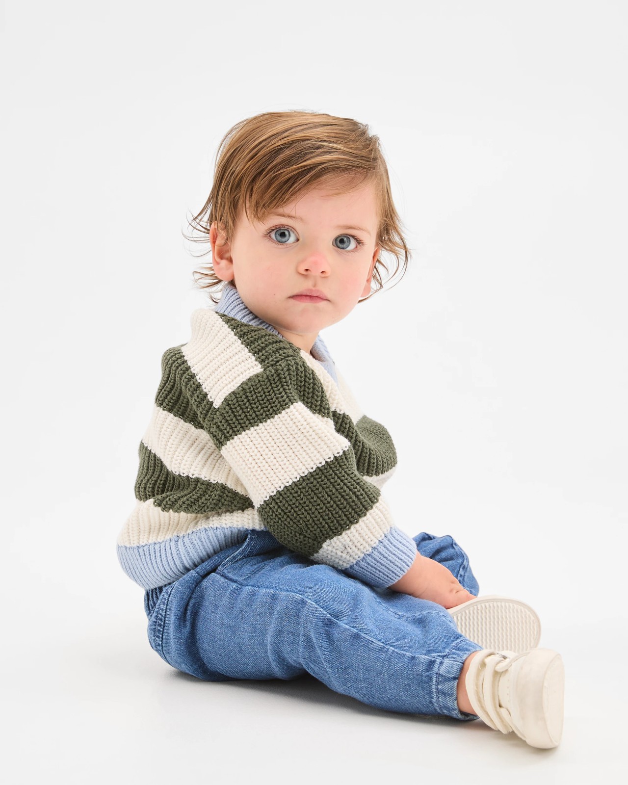 Baby Organic Cotton Chunky Rib Knit Jumper - Forest Green Stripe 2 of 4