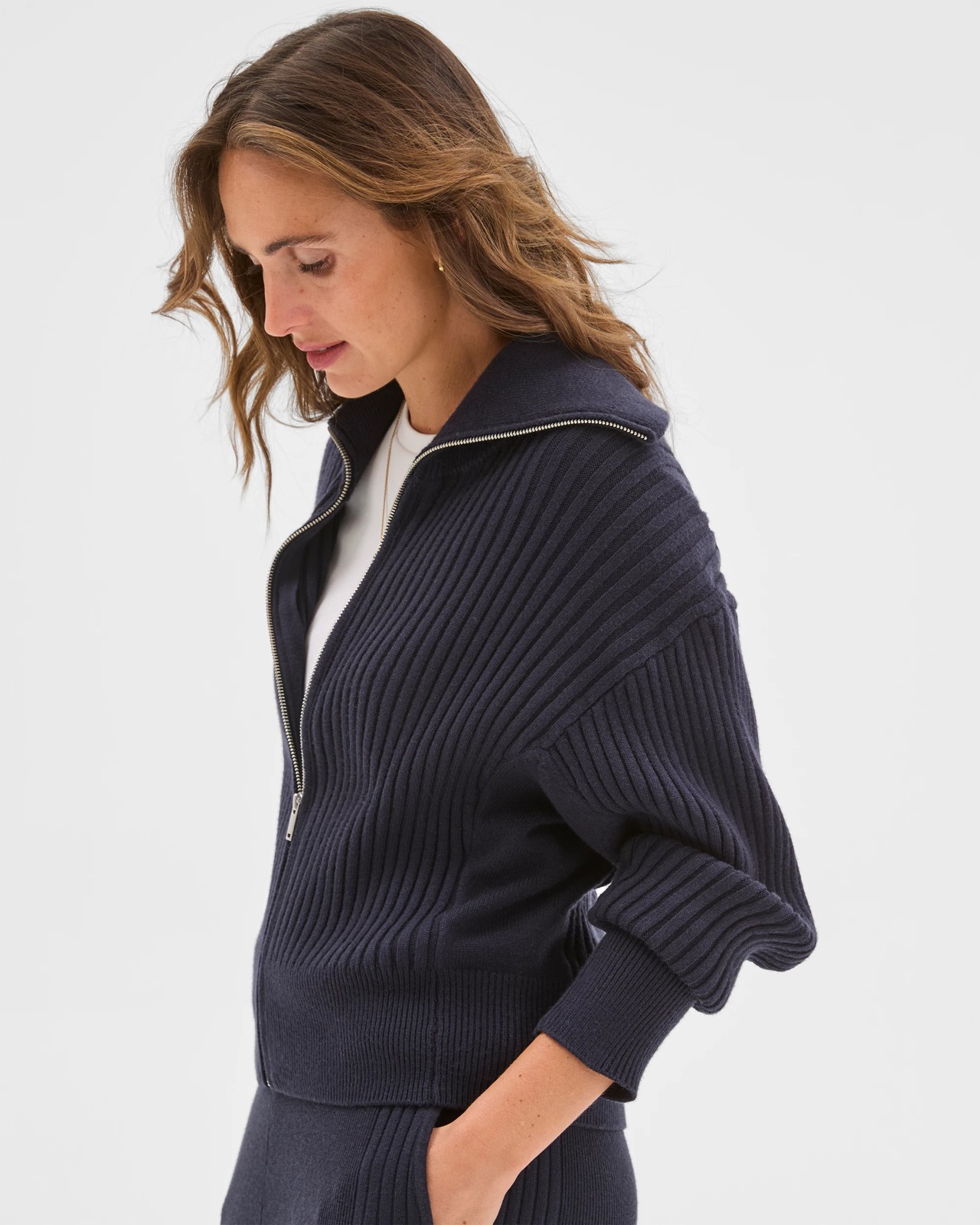 Clean Knit Rib Zip Through Jumper - Navy Marle 3 of 6