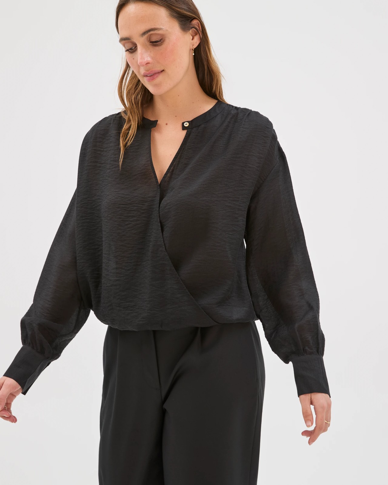 Preview Thalia Long Sleeve Wrap Front Blouson Blouse - Black 3 of 5