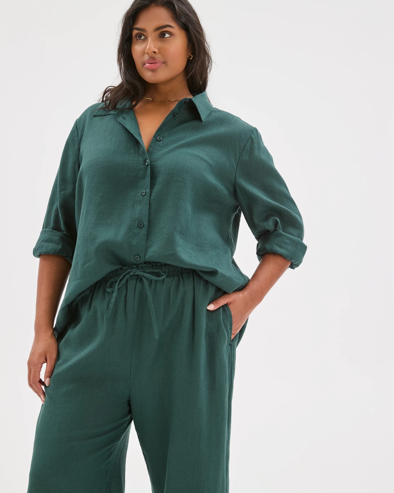 Plus Size European Linen Wide Leg Pants - Deep Green FNA 3 of 5