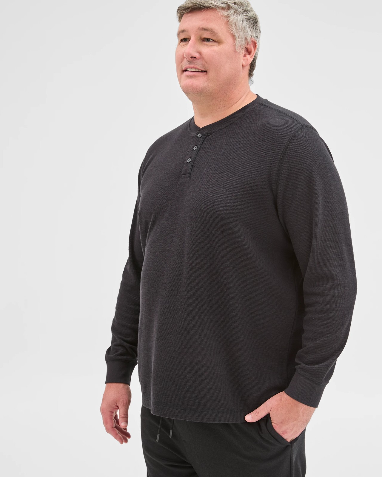 Plus Size Australian Cotton Long Sleeve Waffle Henley T-Shirt - Black Marle 3 of 5