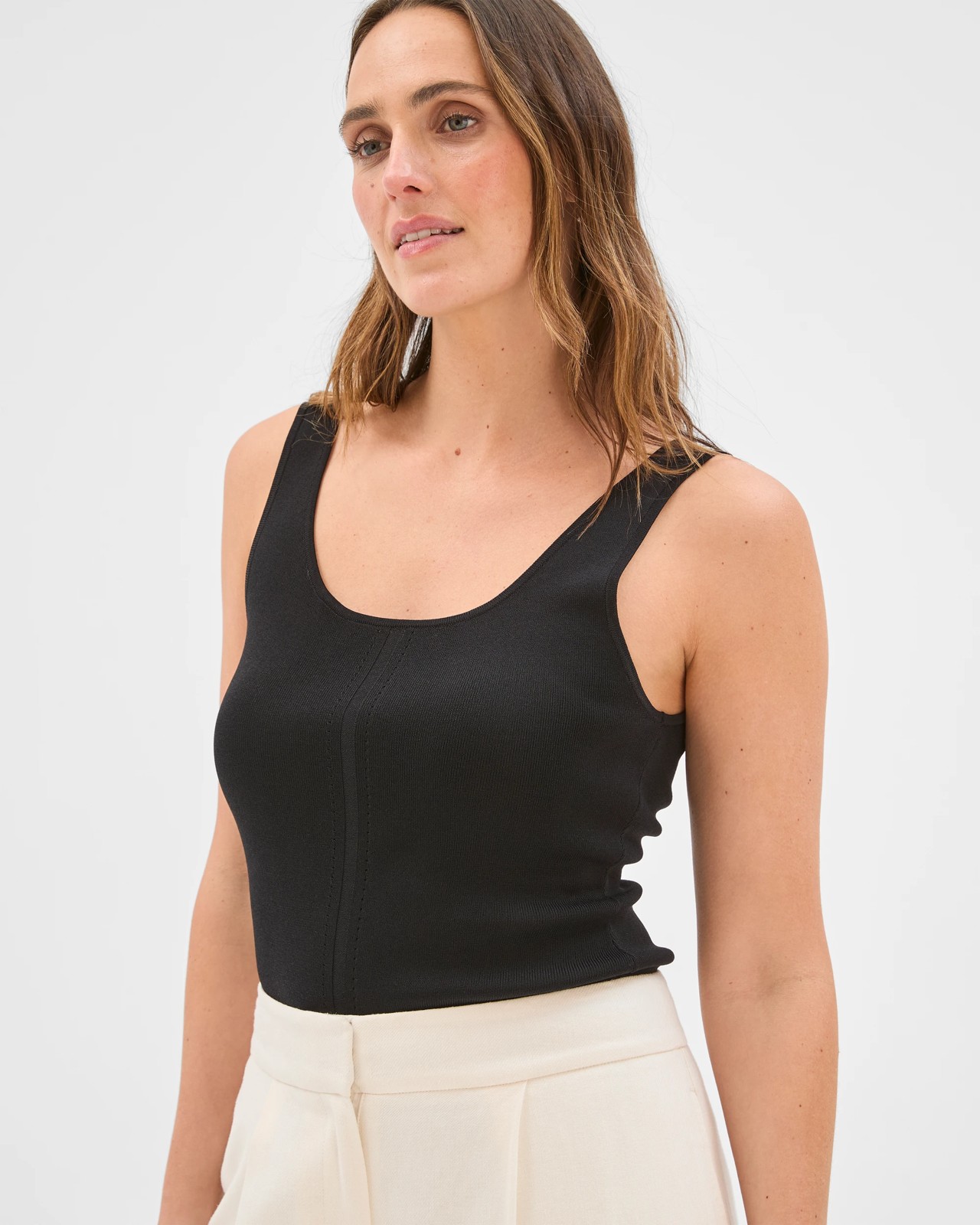 Preview Slim Fit Crepe Knit Detail Tank Top - Black 4 of 5