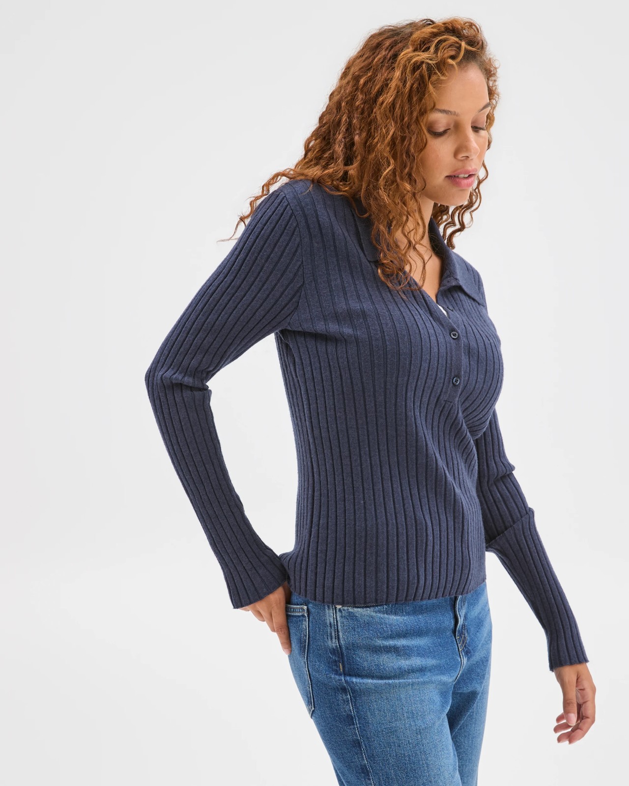 Fine Knit Double Layer Polo Sweater - Navy Marle 5 of 6
