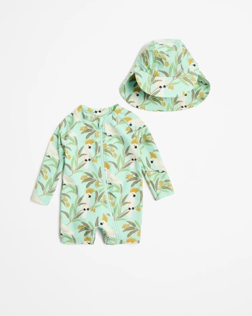 Baby Unitard Swim Set with Hat 2 Piece - Cockatoos