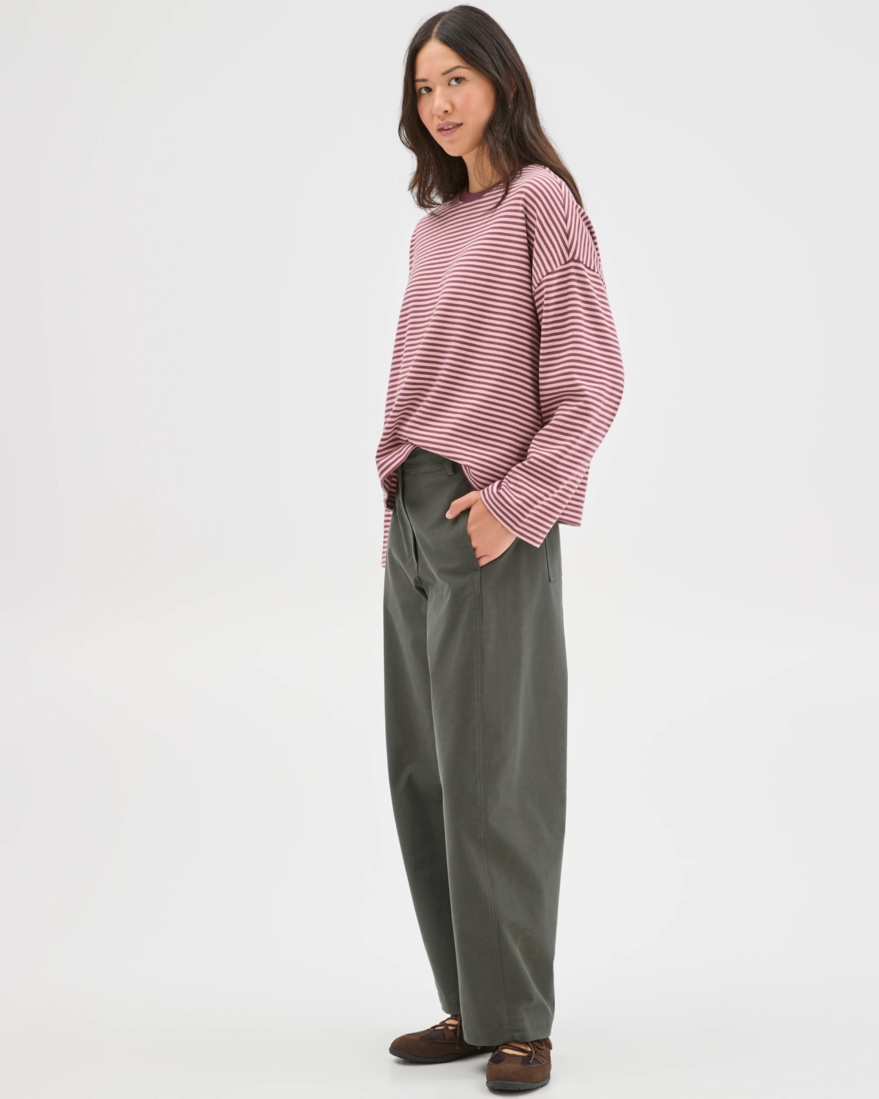 Australian Cotton Long Sleeve Heavyweight Oversized T-Shirt - Pansy/Soft Blush Stripe 4 of 6
