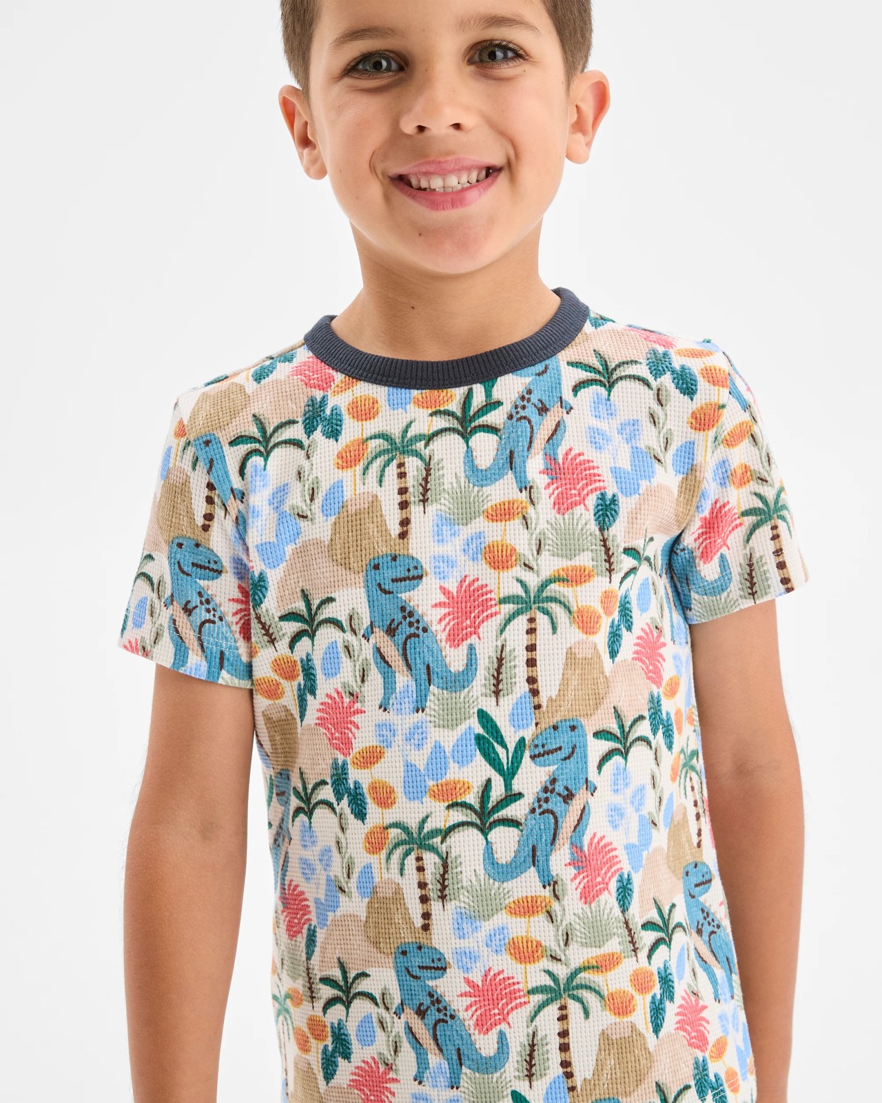 Organic Cotton Younger Boys Elevated Knit Waffle Pyjama Set - Multi Dinosaur 2 of 5