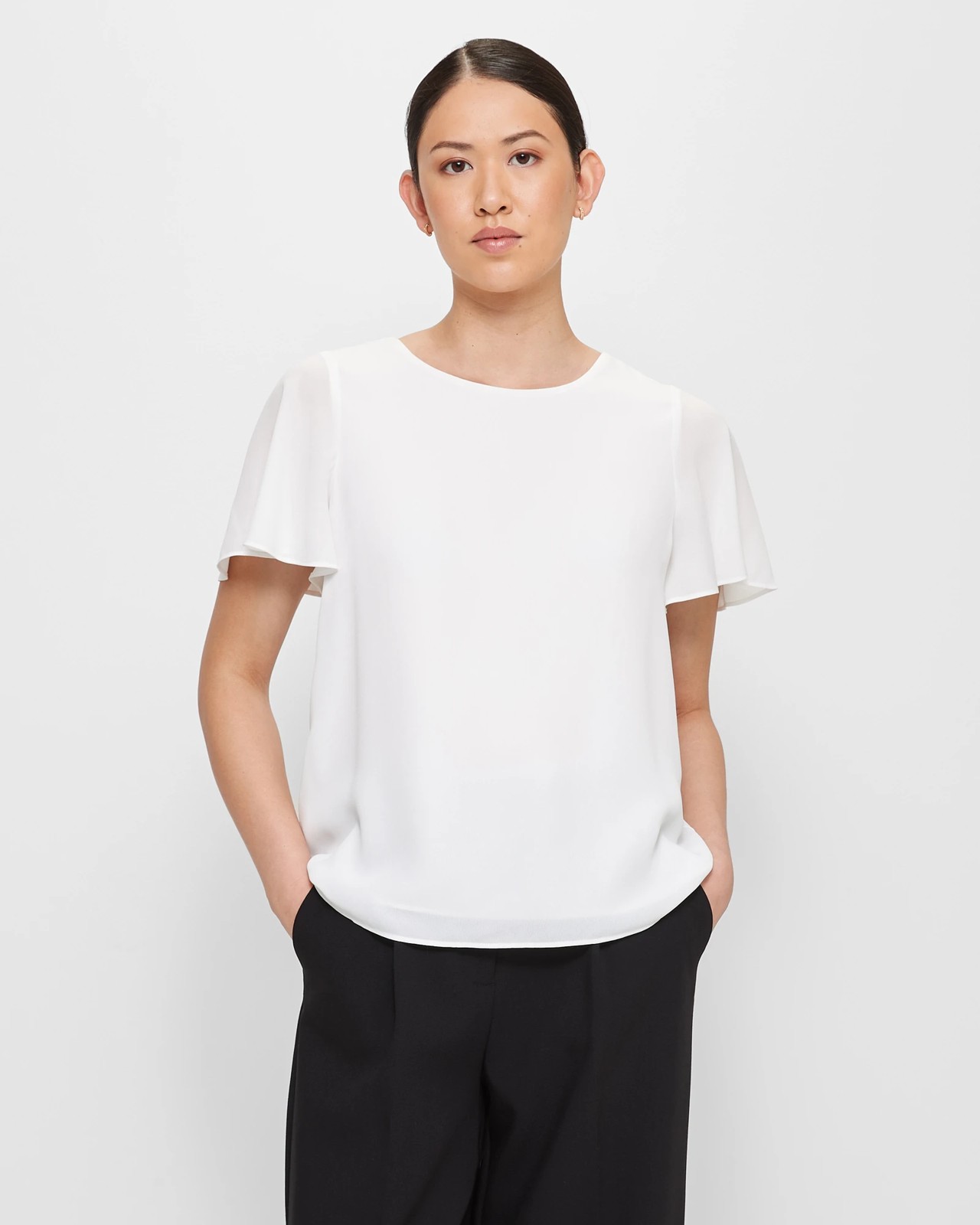 Crew Neck Flutter Sleeve Blouse - Preview - White | Target Australia