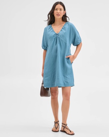 European Linen Tie Mini Dress
