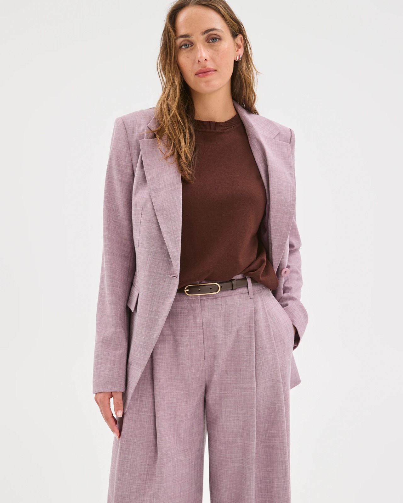 Preview Double Pleat Wide Leg Pants - Berry Cream Melange 4 of 5