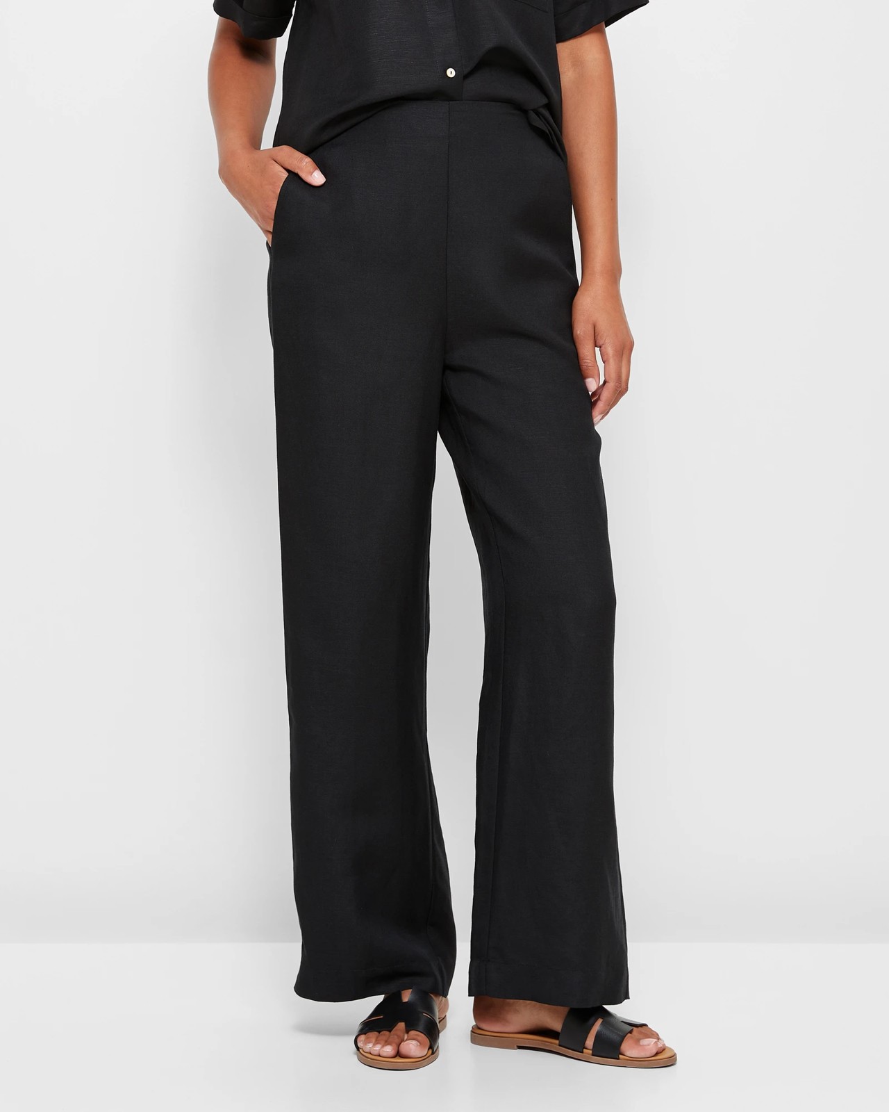 European Linen Blend Flat Wide Leg Pants - Preview